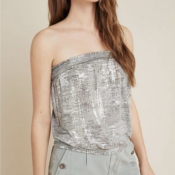 ANTHROPOLOGIE NWT Silver Metallic Strapless Shimmer Cinched Tube Top Size Small - Picture 2 of 10